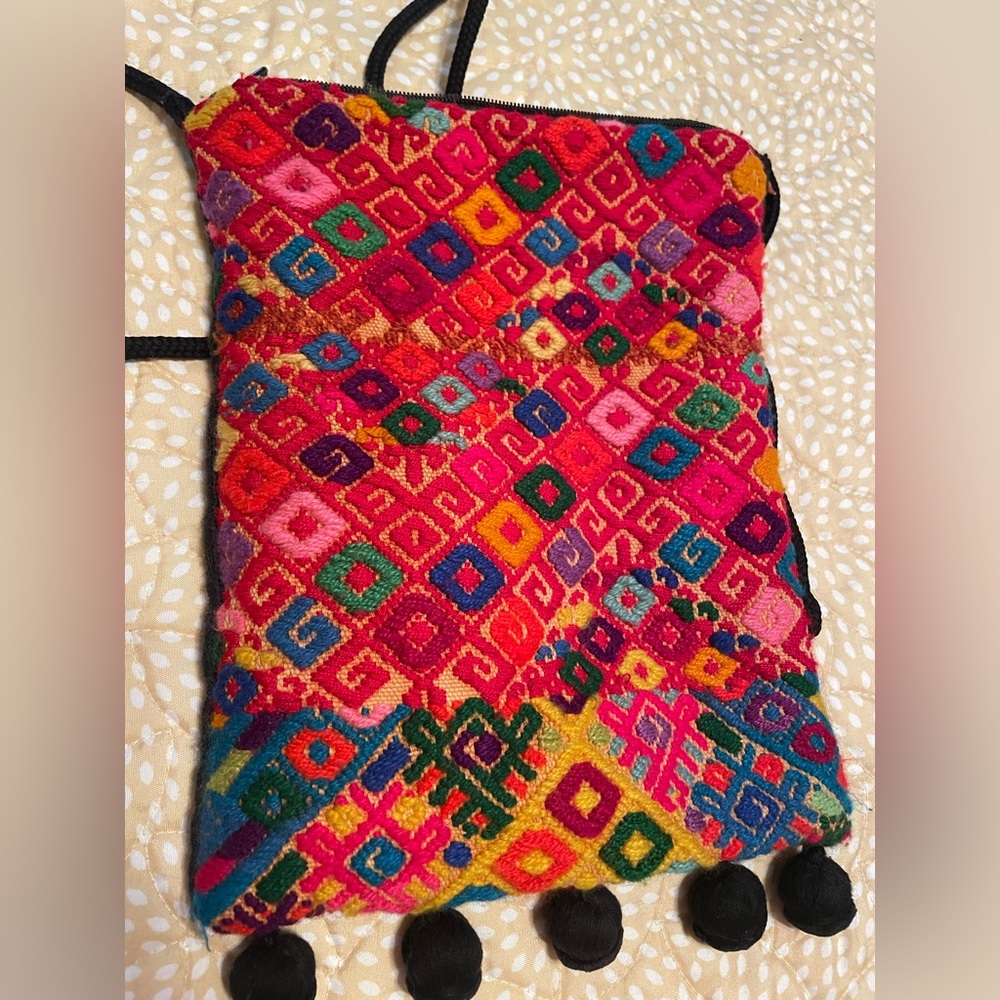 Central American Artisan embroidered crossbody Shoulderbag with 
Pompom accents